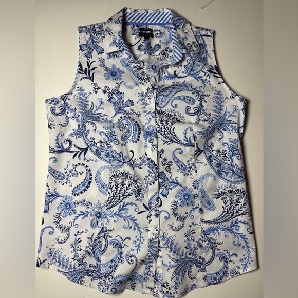 Talbots Tops - Talbots White Sleeveless Button-Down Top with Blue Paisley Print non-iron